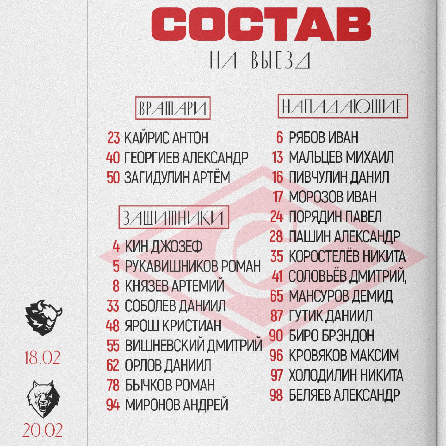 26 игроков «Спартака» – на матчи в Минске, Нижнекамске и Уфе!