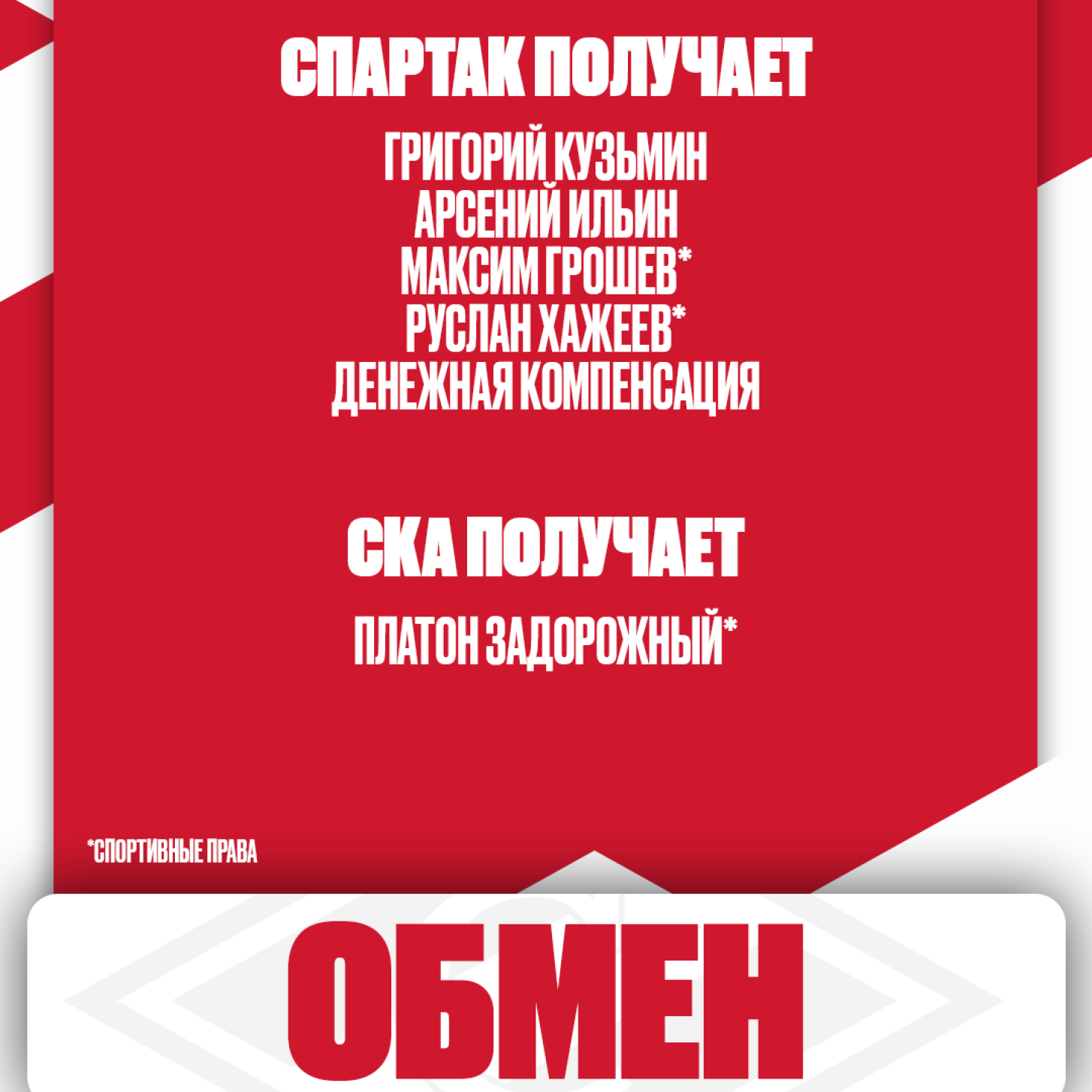 Обмен ХК «Спартак» Москва со СКА из Санкт-Петербурга